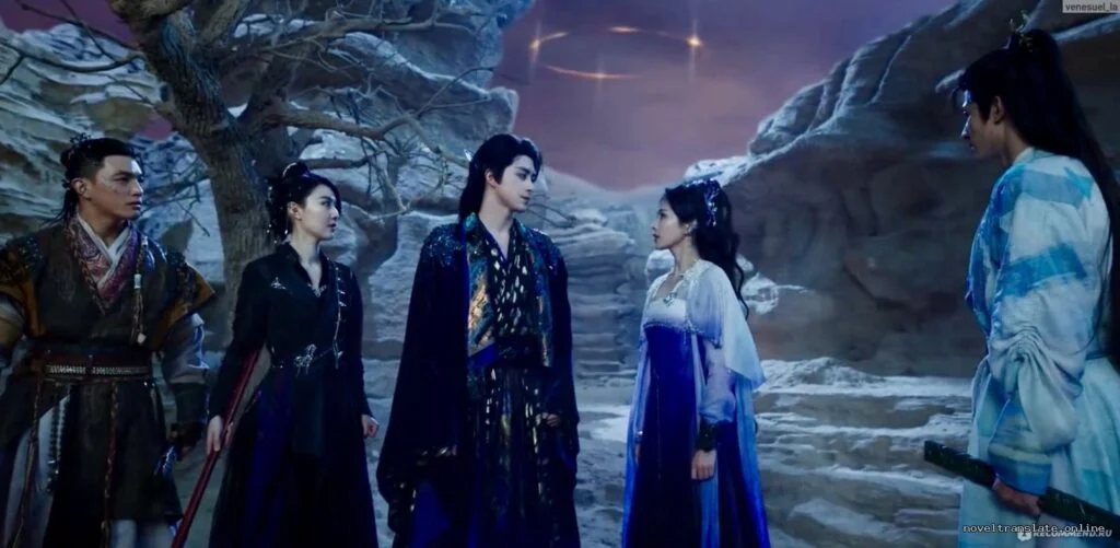 Группа людей в традиционной одежде на фоне фантастического пейзажа