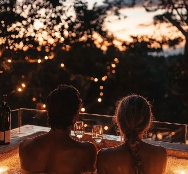 Пара наслаждается вечером в джакузи на закате