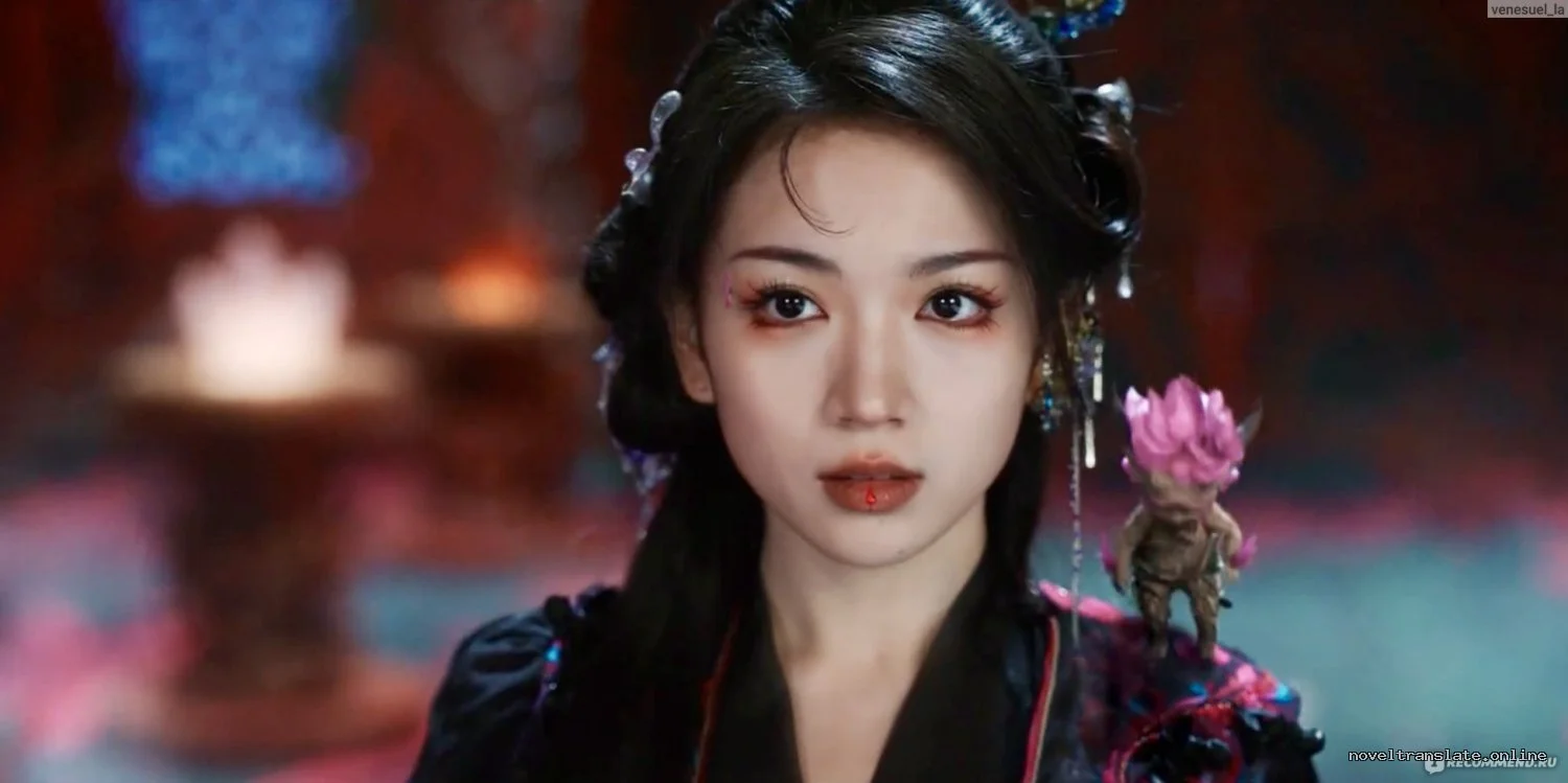 Искусственно созданный персонаж с цветком в волосах на фоне фантазийного интерьера.