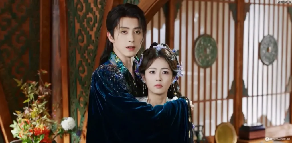 Сцена из азиатской драмы с двумя персонажами в традиционной одежде