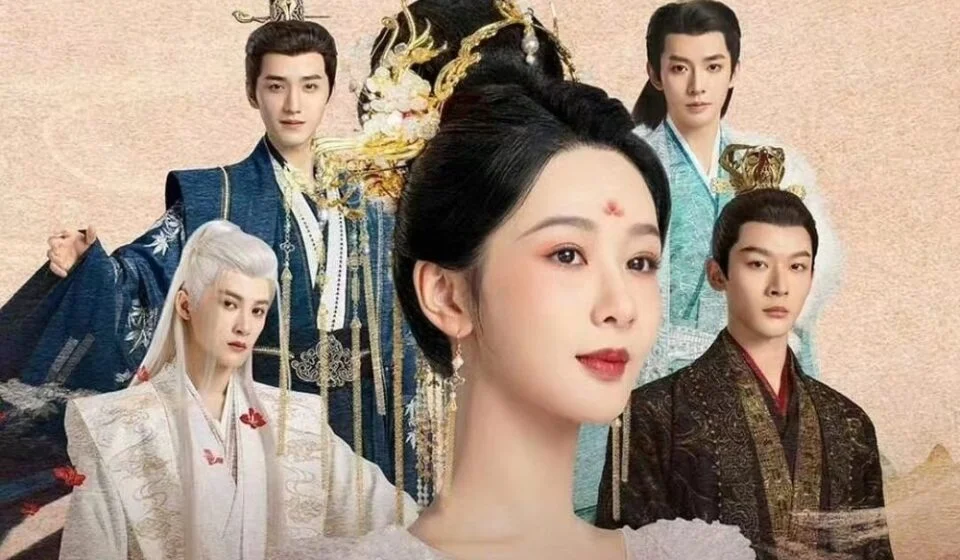 Группа персонажей в традиционной азиатской одежде на фоне.