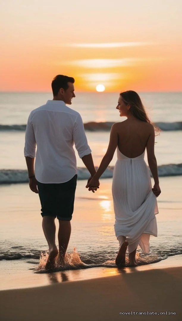 Пара на закате на пляже, романтика и спокойствие