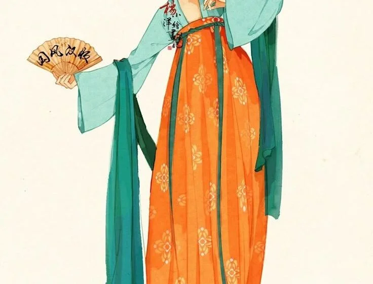 Иллюстрация женщины в традиционном китайском платье с веером