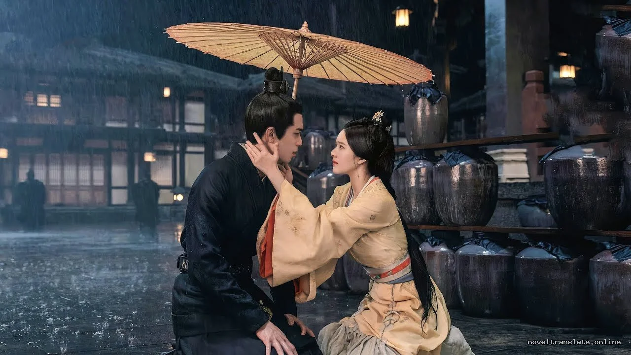 Сцена из исторической драмы под дождем с зонтом