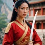 Женщина в традиционной азиатской одежде с мечом на фоне храма