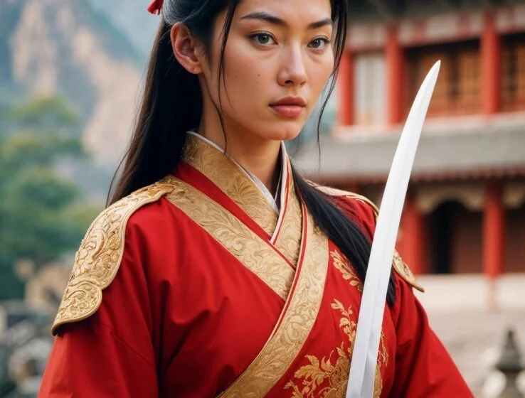 Женщина в традиционной азиатской одежде с мечом на фоне храма