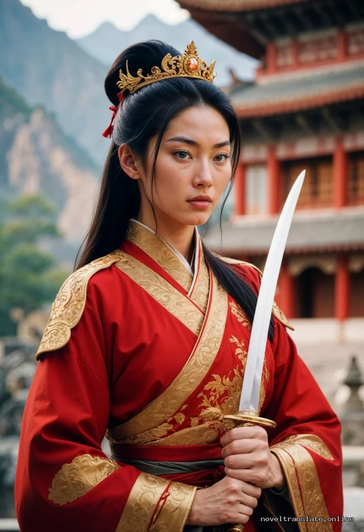 Женщина в традиционной азиатской одежде с мечом на фоне храма