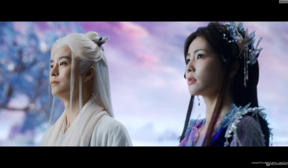 Два персонажа в фантастическом мире с фиолетовым небом