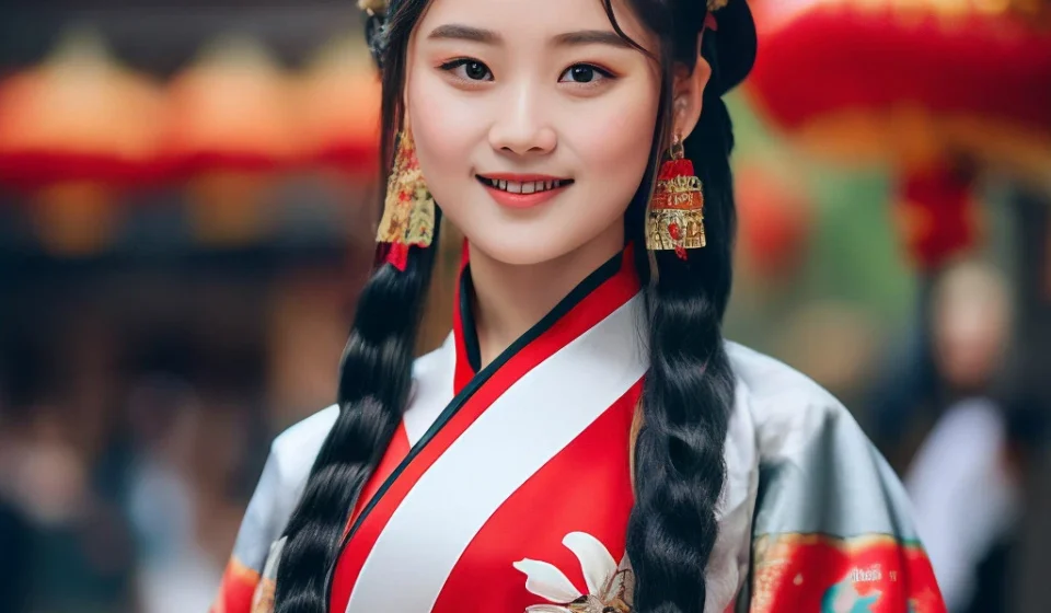 Женщина в традиционном китайском костюме с яркими украшениями