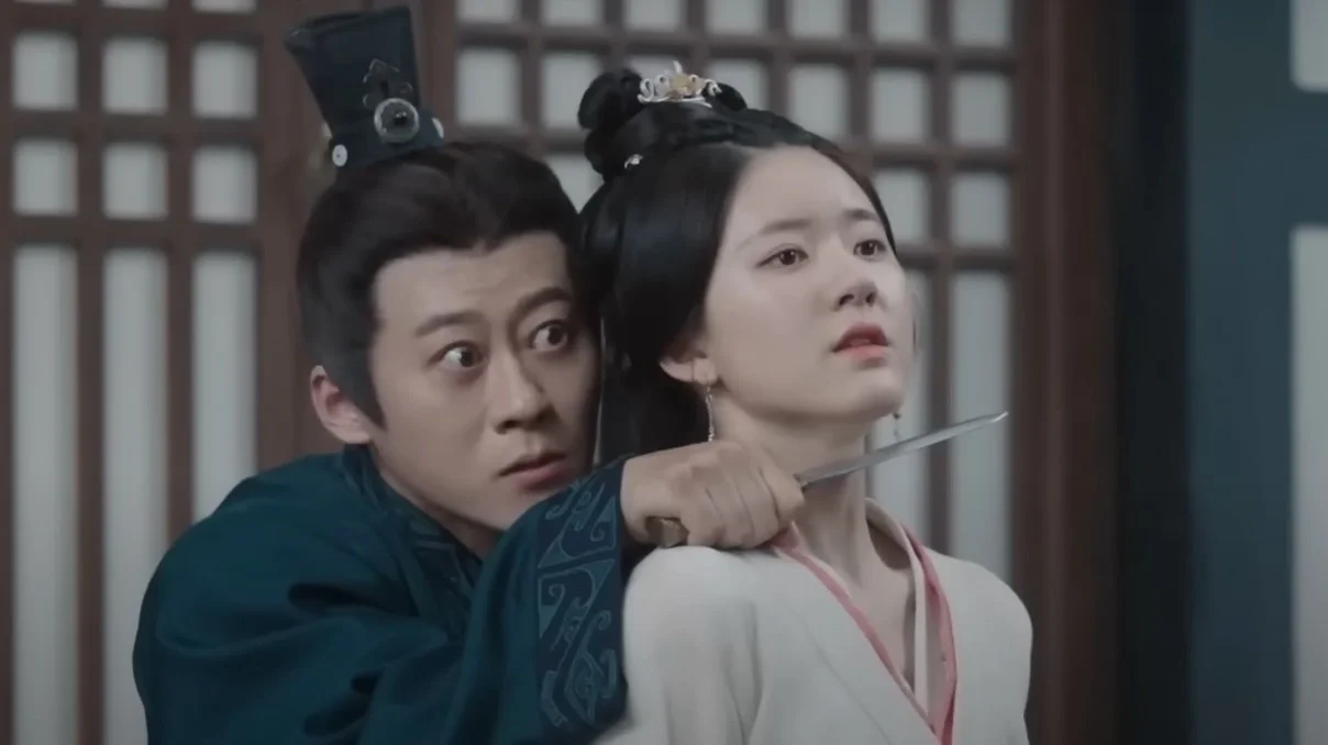 Сцена из исторической драмы с напряжённым моментом.