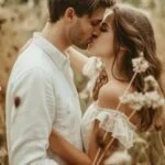 Пара целуется на фоне поля, романтический момент