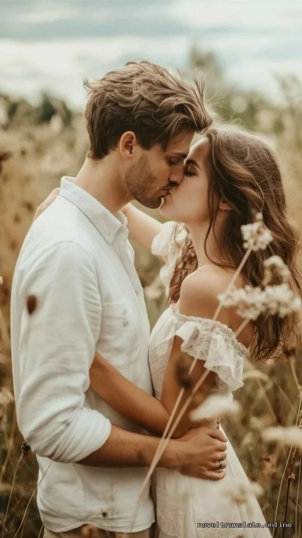 Пара целуется на фоне поля, романтический момент