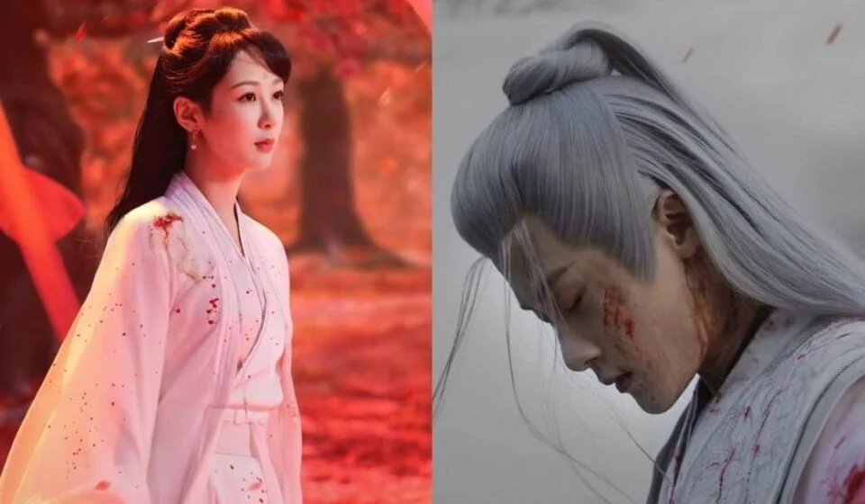 Две фигуры в традиционных костюмах на фоне природы