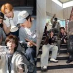 Группа друзей делает селфи и позирует на лестнице, ai-generated