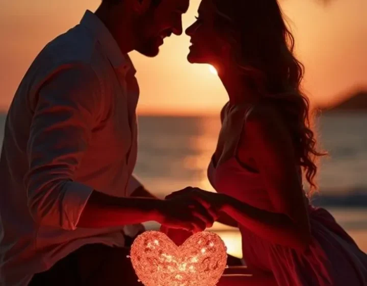 Романтическая пара на пляже с сердцем на закате