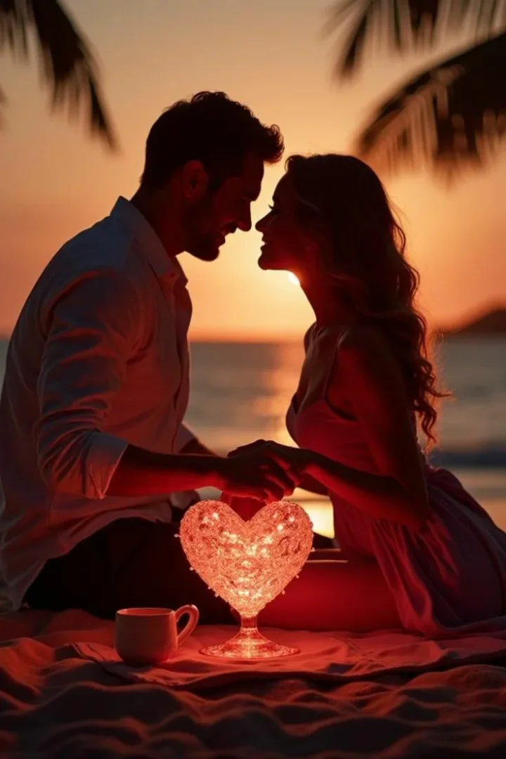 Романтическая пара на пляже с сердцем на закате