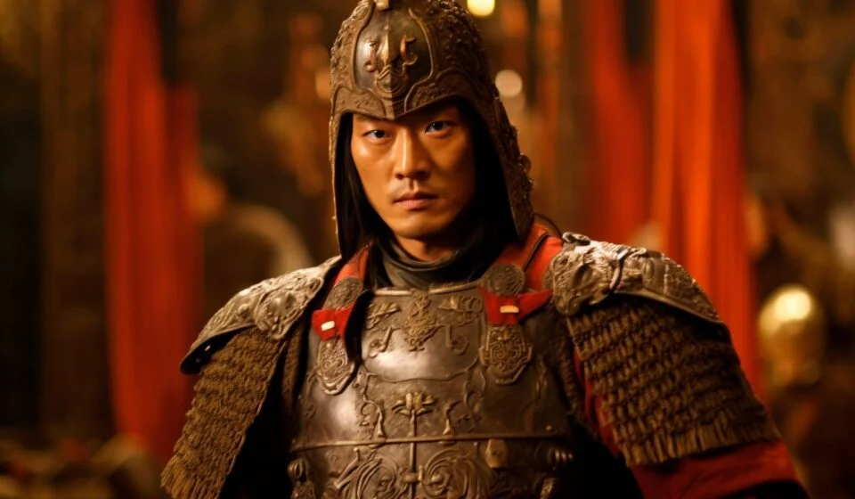 Воин в древних доспехах в историческом зале