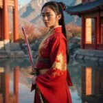 Женщина в красном кимоно с мечом на фоне гор и храма