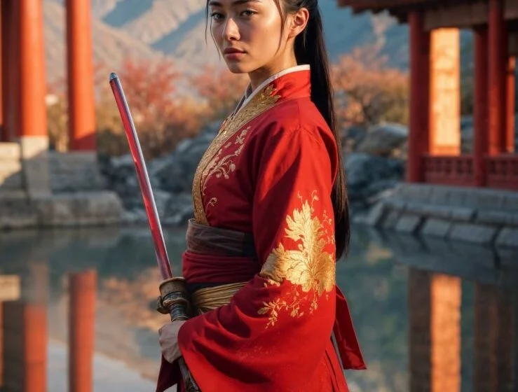 Женщина в красном кимоно с мечом на фоне гор и храма