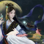 Иллюстрация девушки с кроликом на фоне луны