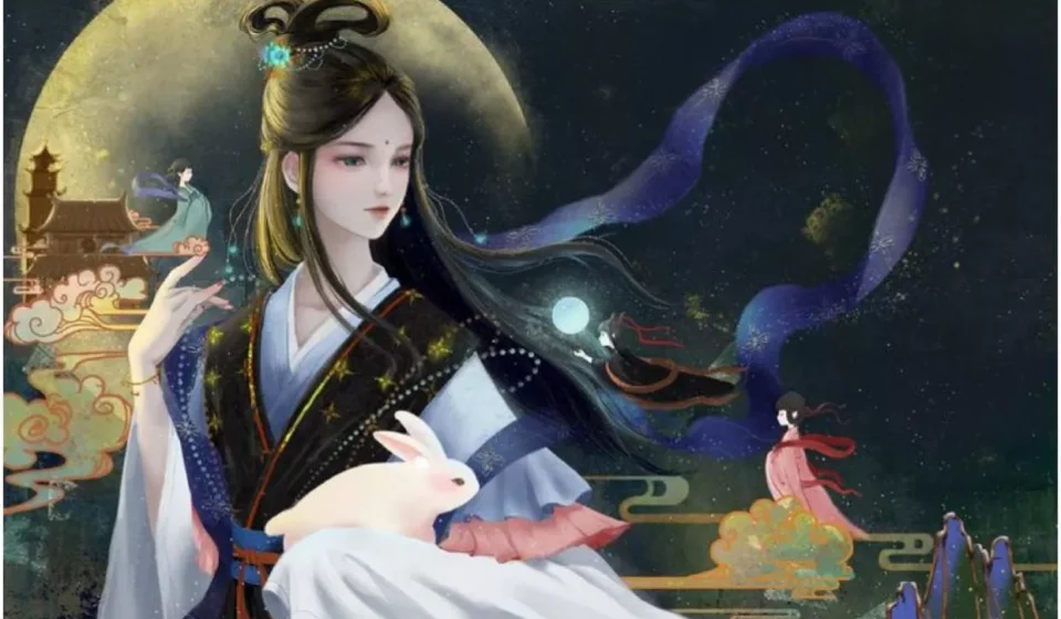 Иллюстрация девушки с кроликом на фоне луны