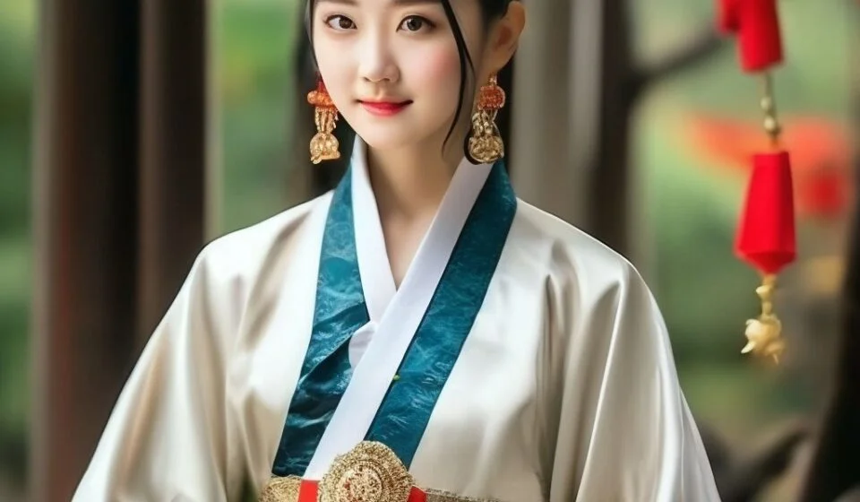 Женщина в традиционном азиатском костюме на фоне природы