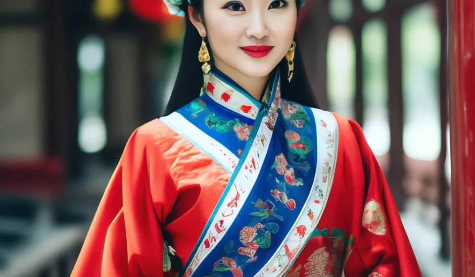 Женщина в традиционном китайском костюме с яркими цветами
