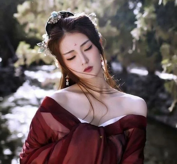 Девушка в красном платье у реки, ai-generated