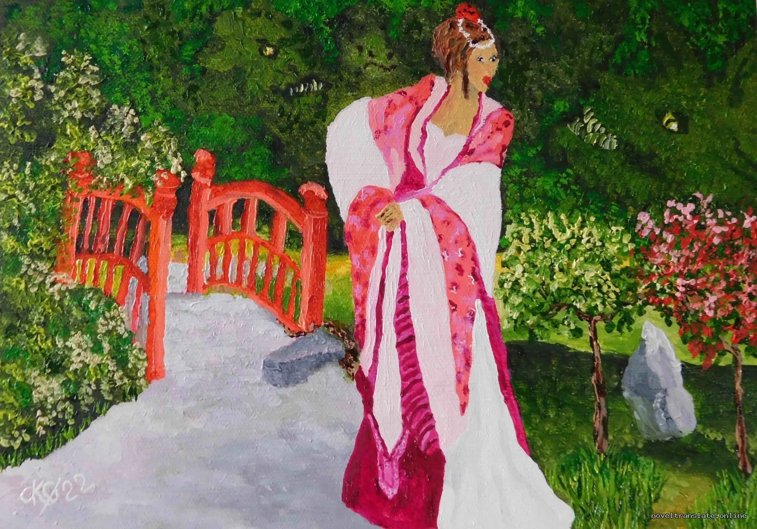 Женщина в традиционной одежде на мосту в саду