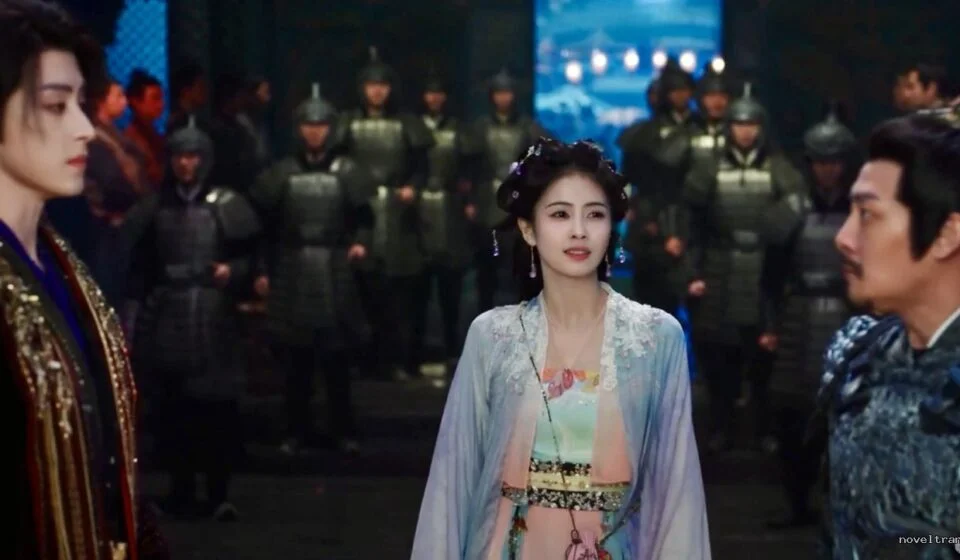 Сцена из исторической драмы с тремя персонажами в традиционных костюмах