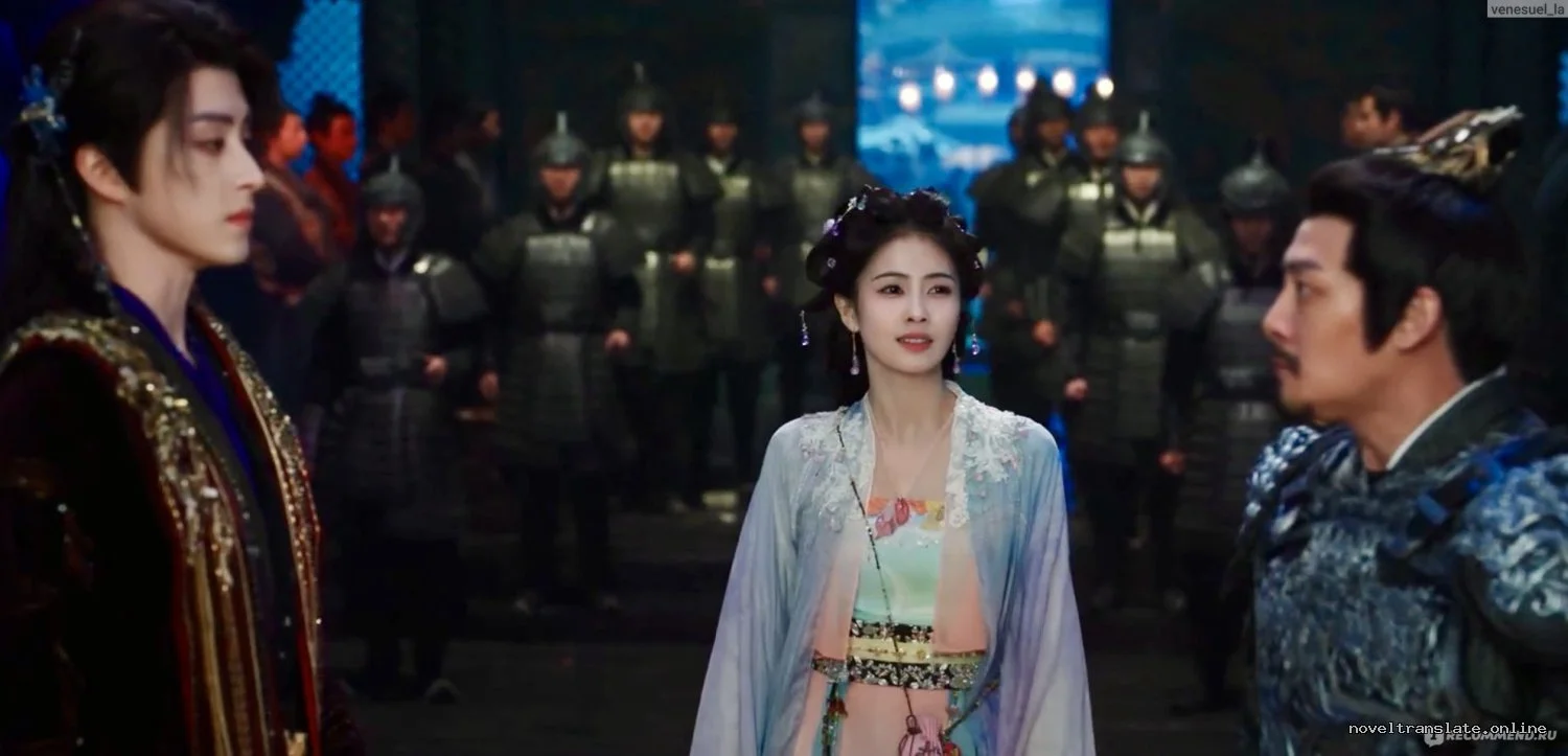 Сцена из исторической драмы с тремя персонажами в традиционных костюмах