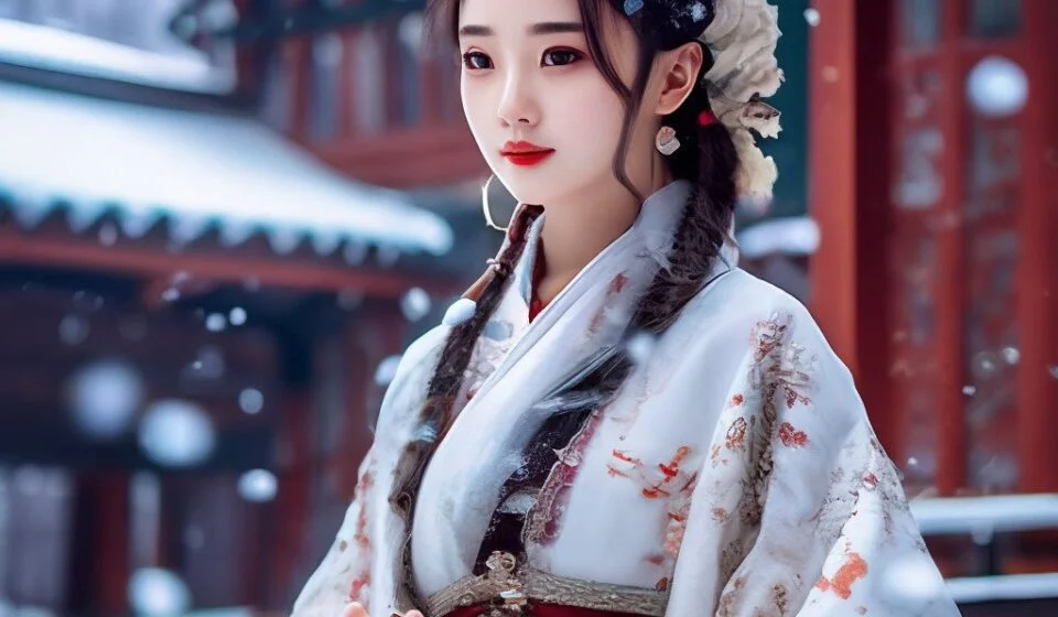 Женщина в традиционной одежде в зимнем пейзаже