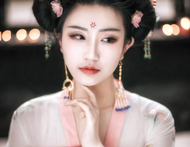 Женщина в традиционном костюме ханфу с изысканной прической