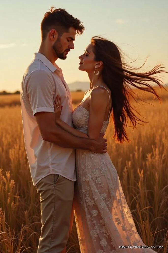 Пара на закате в поле, романтический момент