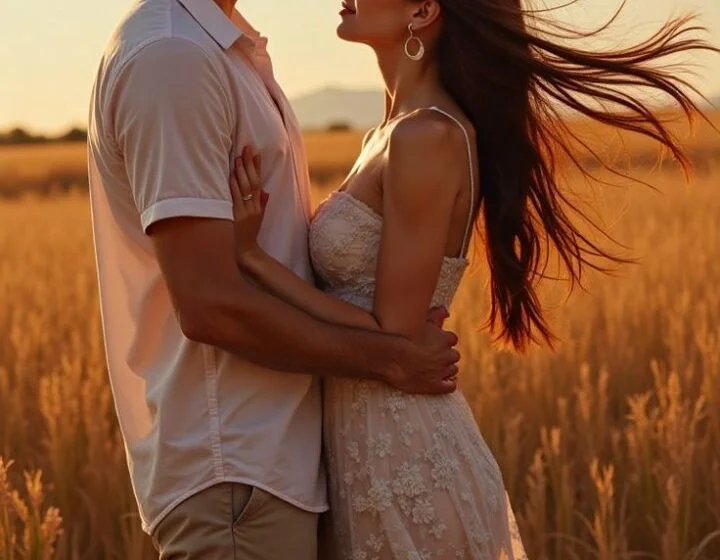 Пара на закате в поле, романтический момент