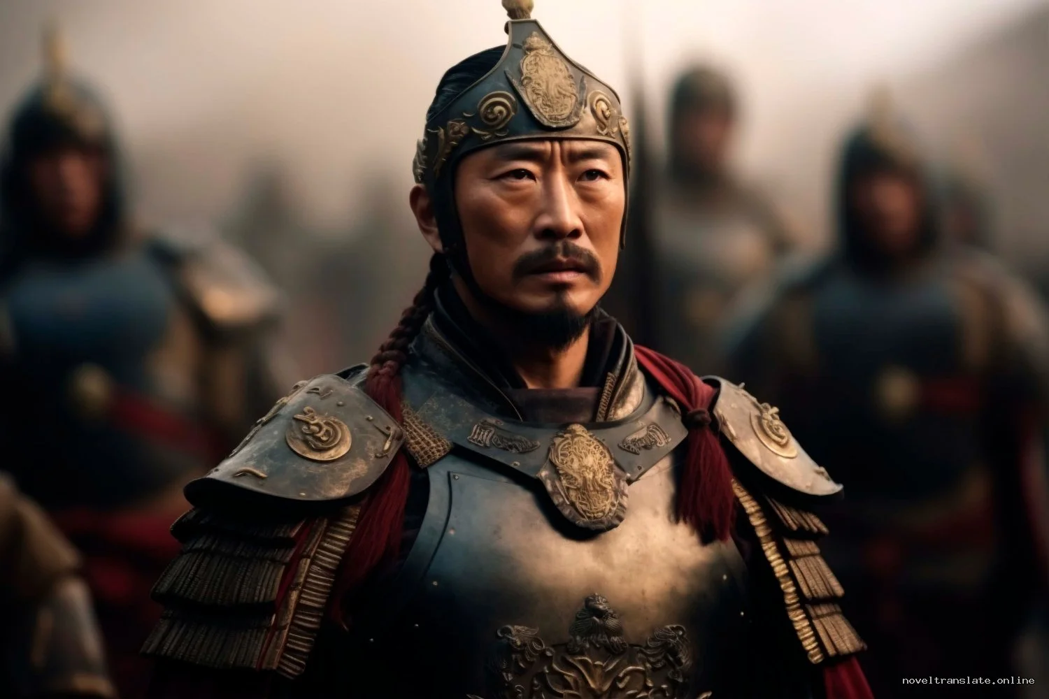 Воин в доспехах на фоне битвы, noveltranslate.online